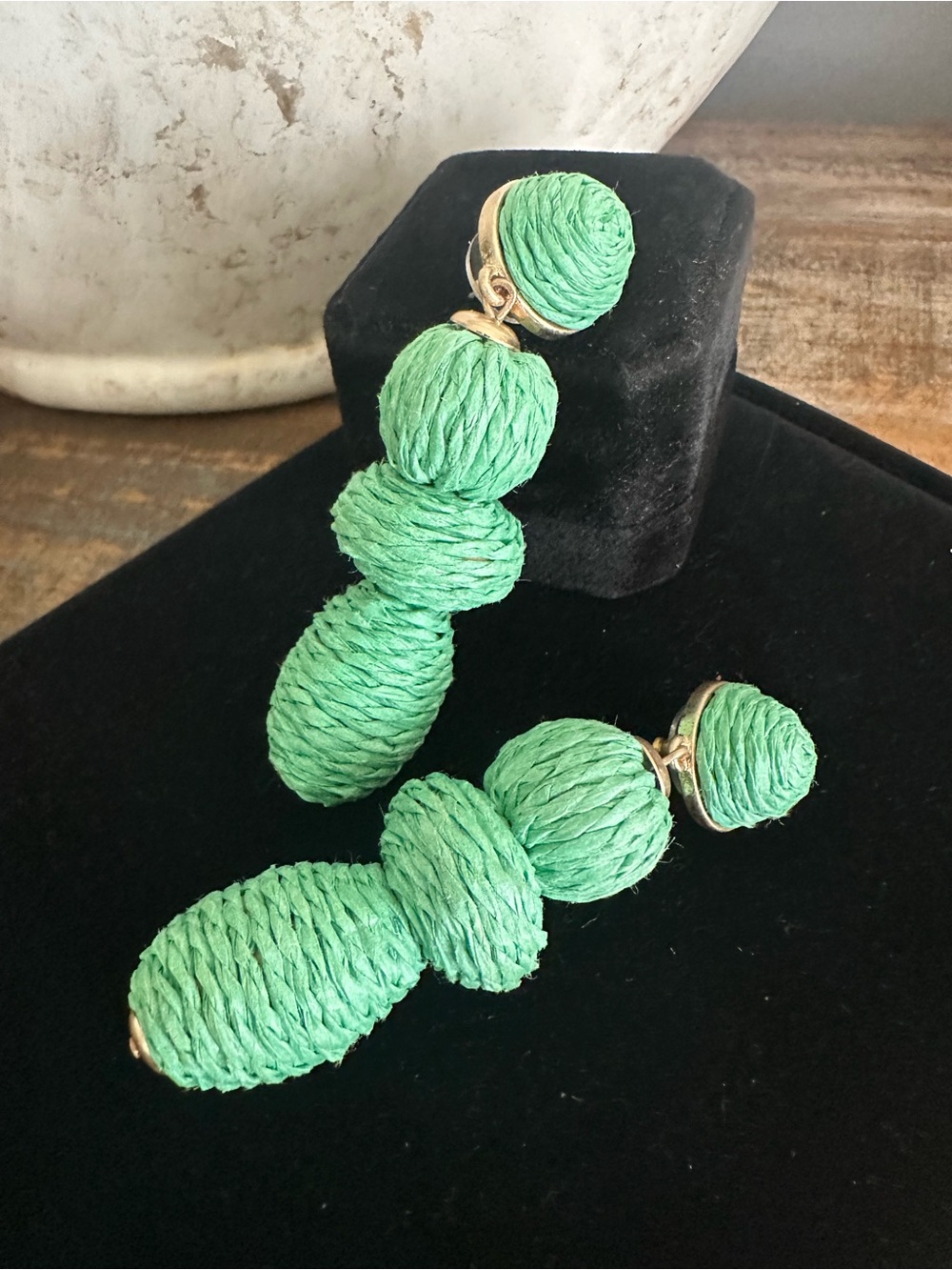 Green Wrapped Bead Drop Earrings - Unbranded